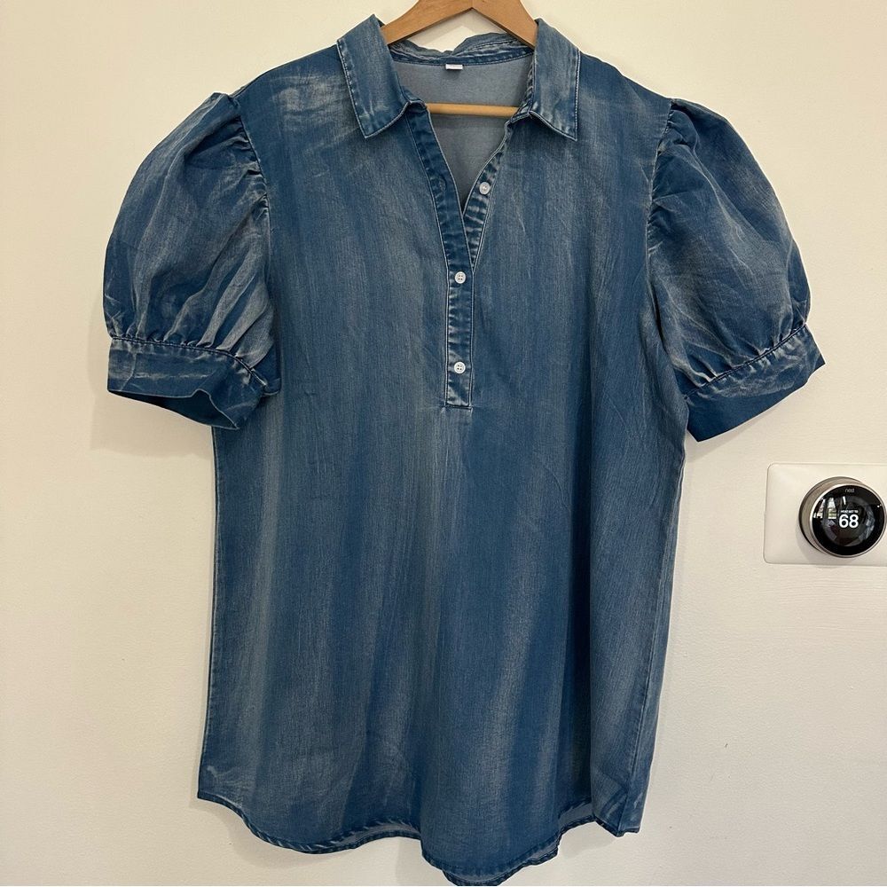 Denim Stretchy Distressed Puff Sleeve Tunic Length Blouse size 2X - Picture 2 of 5